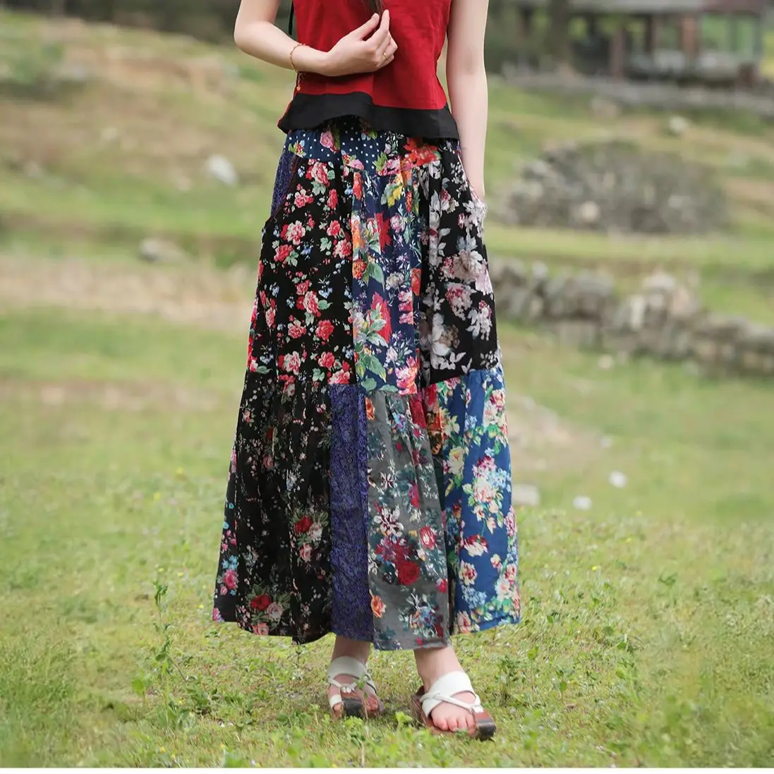 تنورة LZJN للسيدات صيفية مرقعة من القطن بنمط عرقي، خصر مرن، متعثرة، نصف تنورة مريحة، نمط عطلة الشاطئ #6