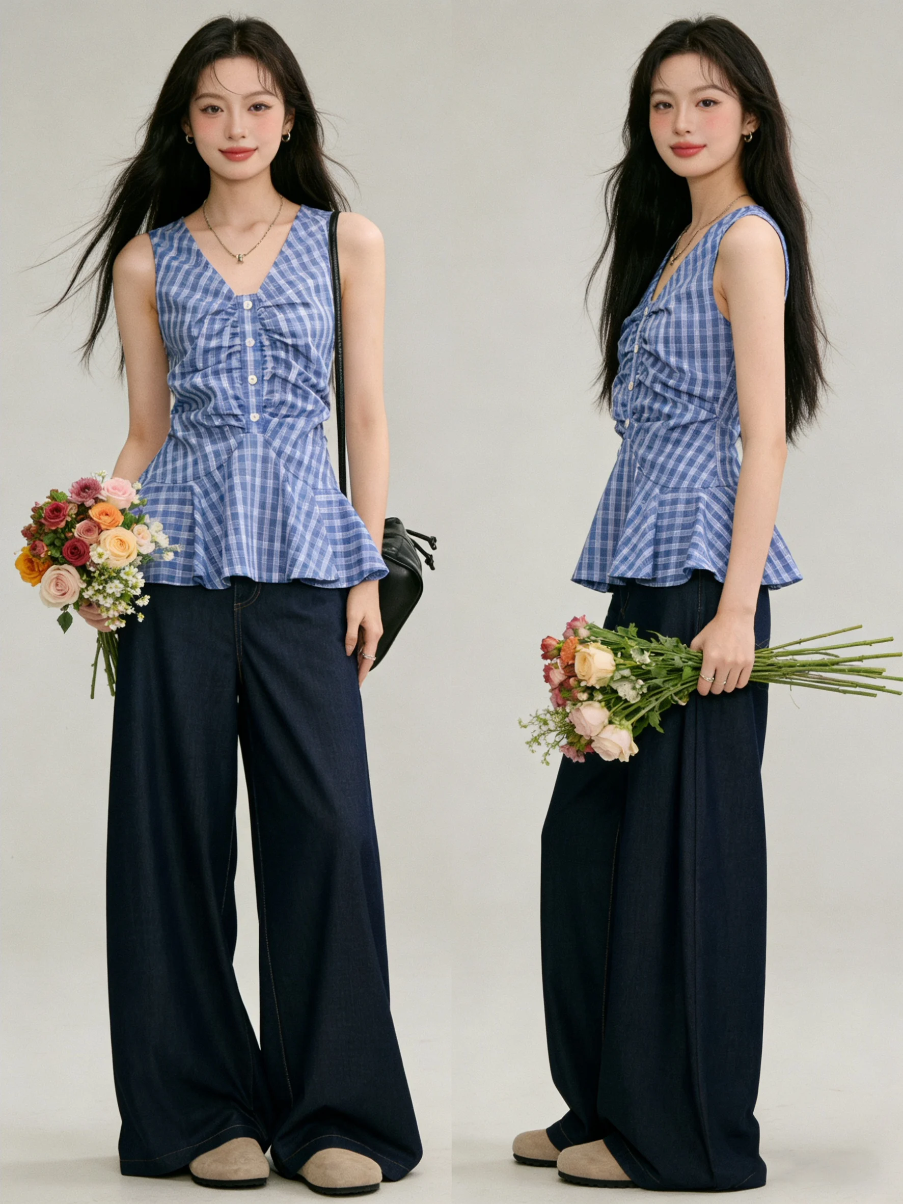 

Unique Plaid V-Neck Sleeveless Vest And Wide Leg Pants Two-Piece Set Korean Style Summer Women's Fashion Breathable Polyester