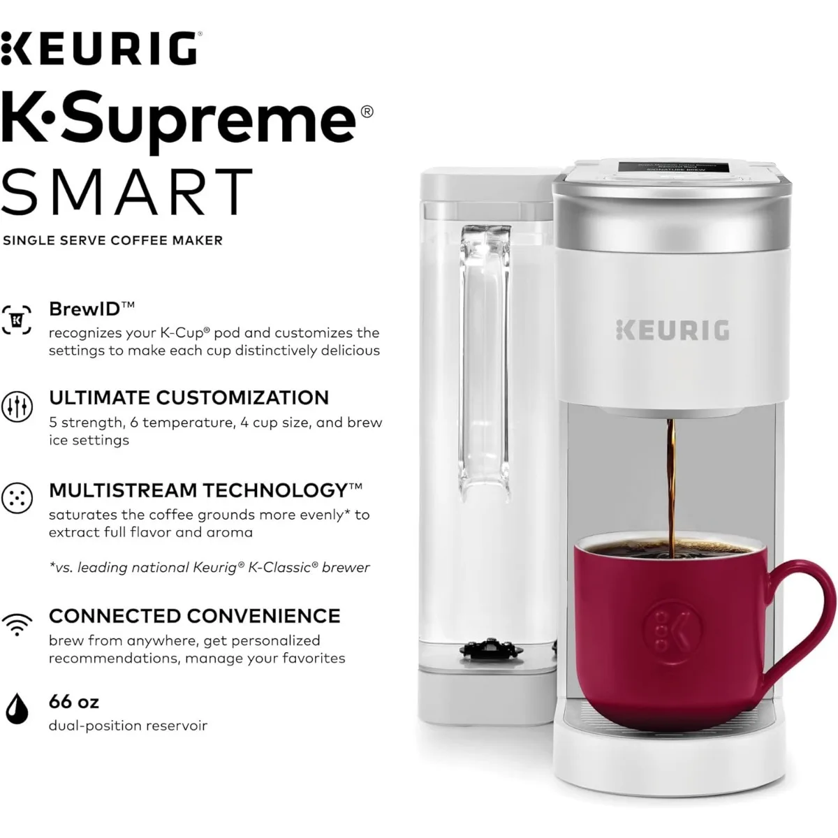 صانعة القهوة الذكية Keurig K-Supreme ، المشروبات البيضاء ، تكنولوجيا التدفق المتعدد ، أحجام أكواب 6-12 أونصة