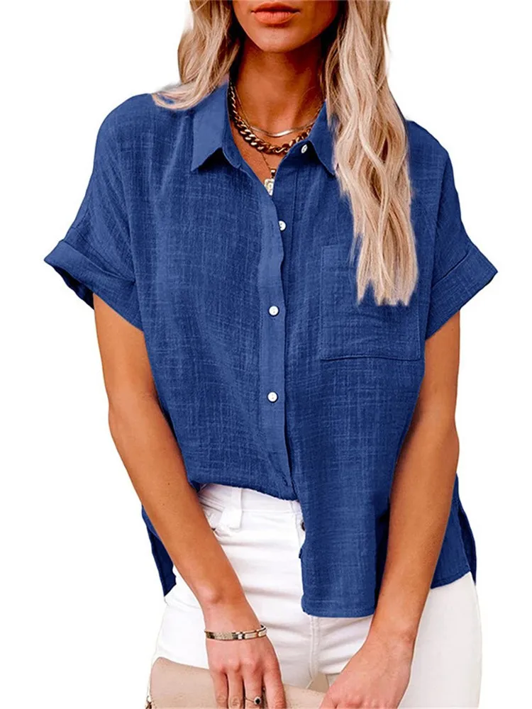 Summer Solid Shirt Lapel Cotton Hemp Button Pocket Flying Sleeve Short Sleeve Shirt  Casual Office Top Clothes For Women
