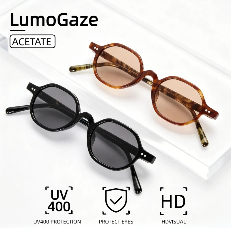 Image of LumoGaze Retro-Sonnenbrille mit kleinem, polygonalem Rahmen für Damen und Herren, luxuriöse, trendige, hochwertige Acetat-Sonnenbrille, UV400, blendfrei