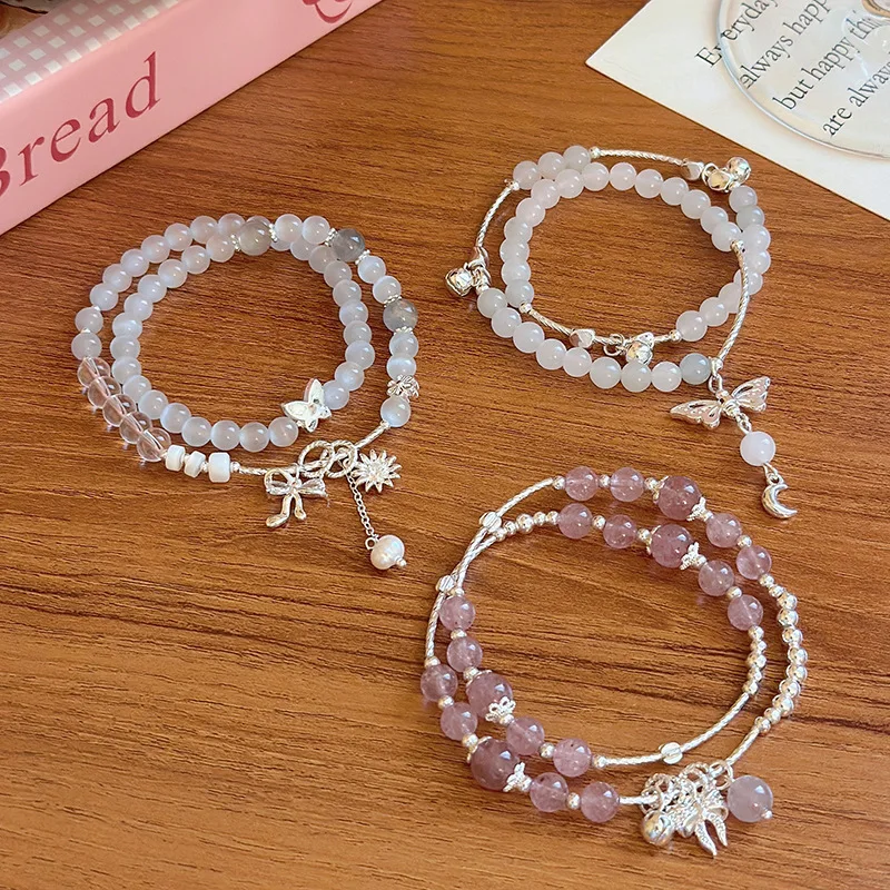 

Double Circle Natural Strawberry Crystal Butterfly For Women Ins Niche Design Cat's Eye Stone Bracel Versatile Beaded