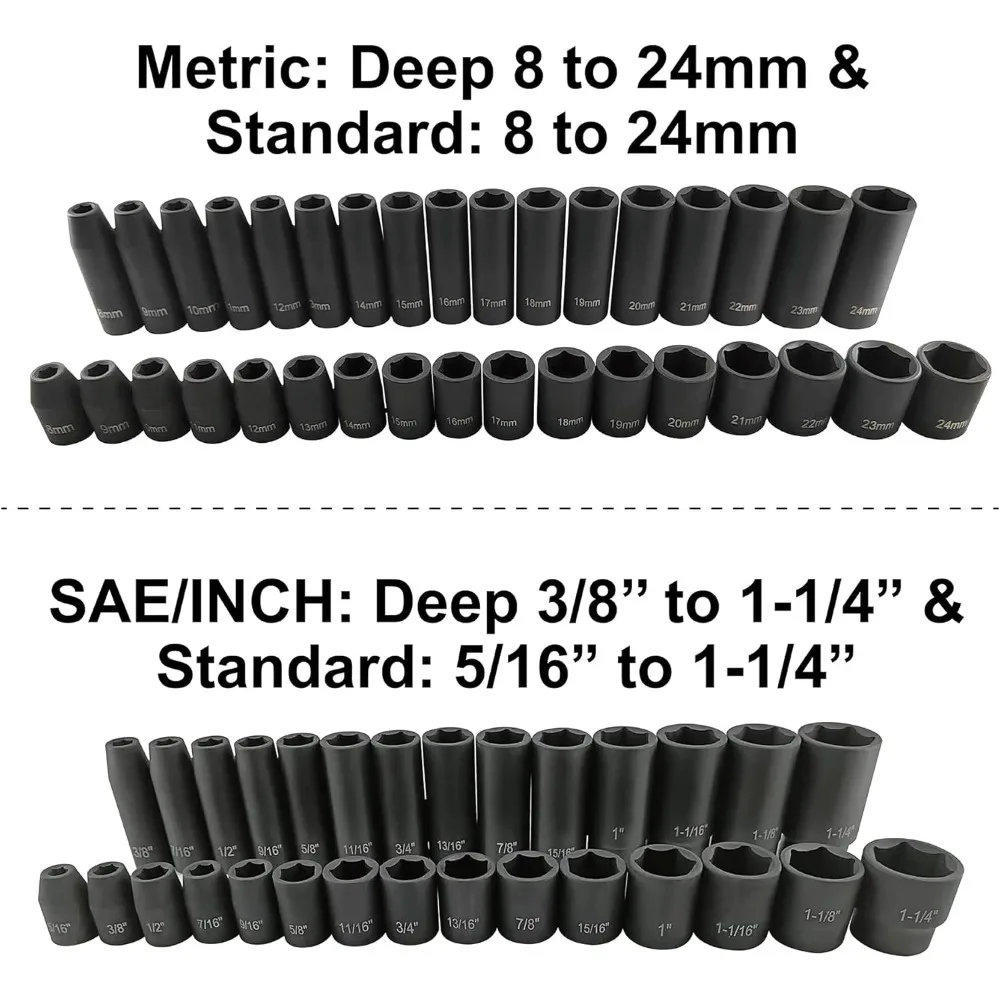 مجموعة مقابس تأثير المحرك 70 قطعة 1/2 بوصة، فولاذ Cr-V، SAE & Metric، مقابس قياسية/عميقة مع 72 مقبض بسقاطة للأسنان، شريط تمديد