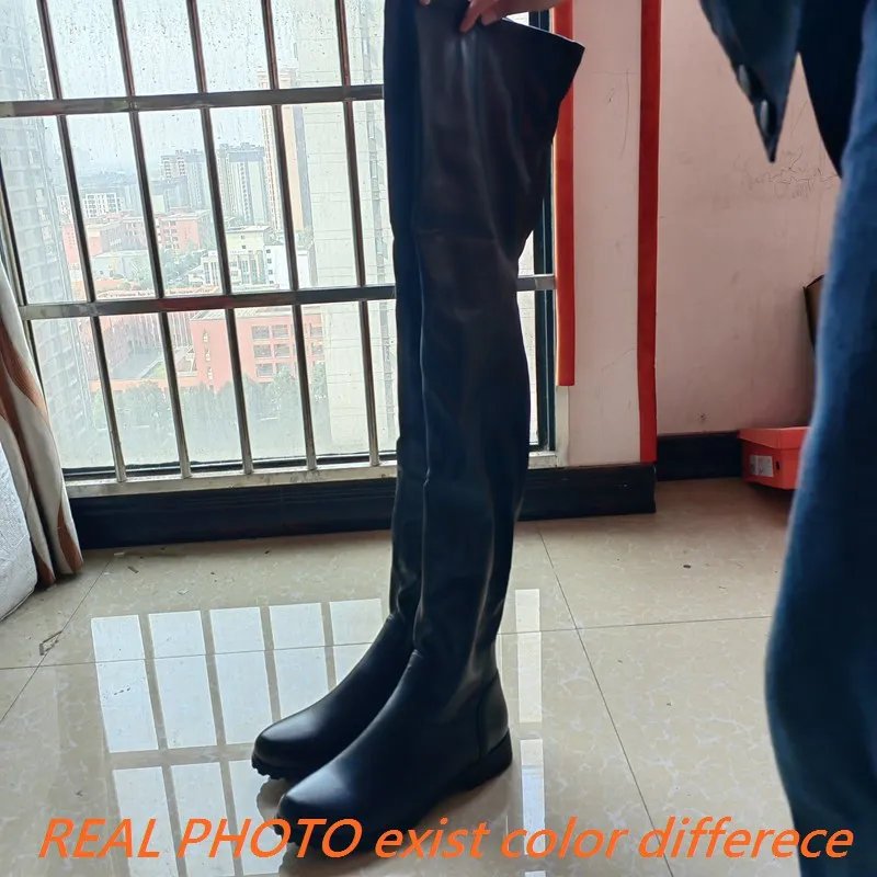 REAVE CAT Autumn Over Knee Boots 3.5cm Heel Round Toe Leather Thigh High Fashion Big Size 45 46 47 48 US17