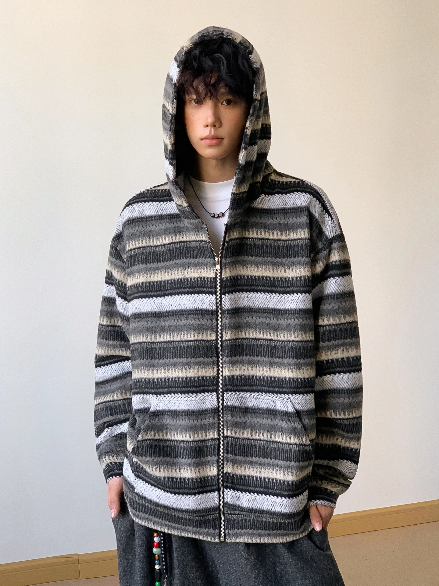 

Шерстяной полосатый кардиган в американском стиле ретро, свитер с капюшоном, мужская куртка в ленивом стиле, повседневная толстовка для пар