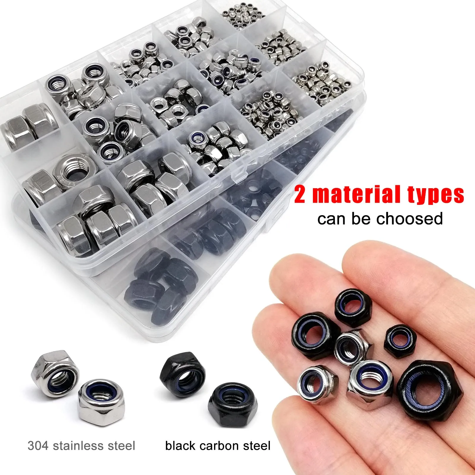 Mix M2 to M12 Hexagon Nylon Insert Lock Nut Kit Box, DIN985 Self Locking Nylock Locknut 304 Stainless Steel