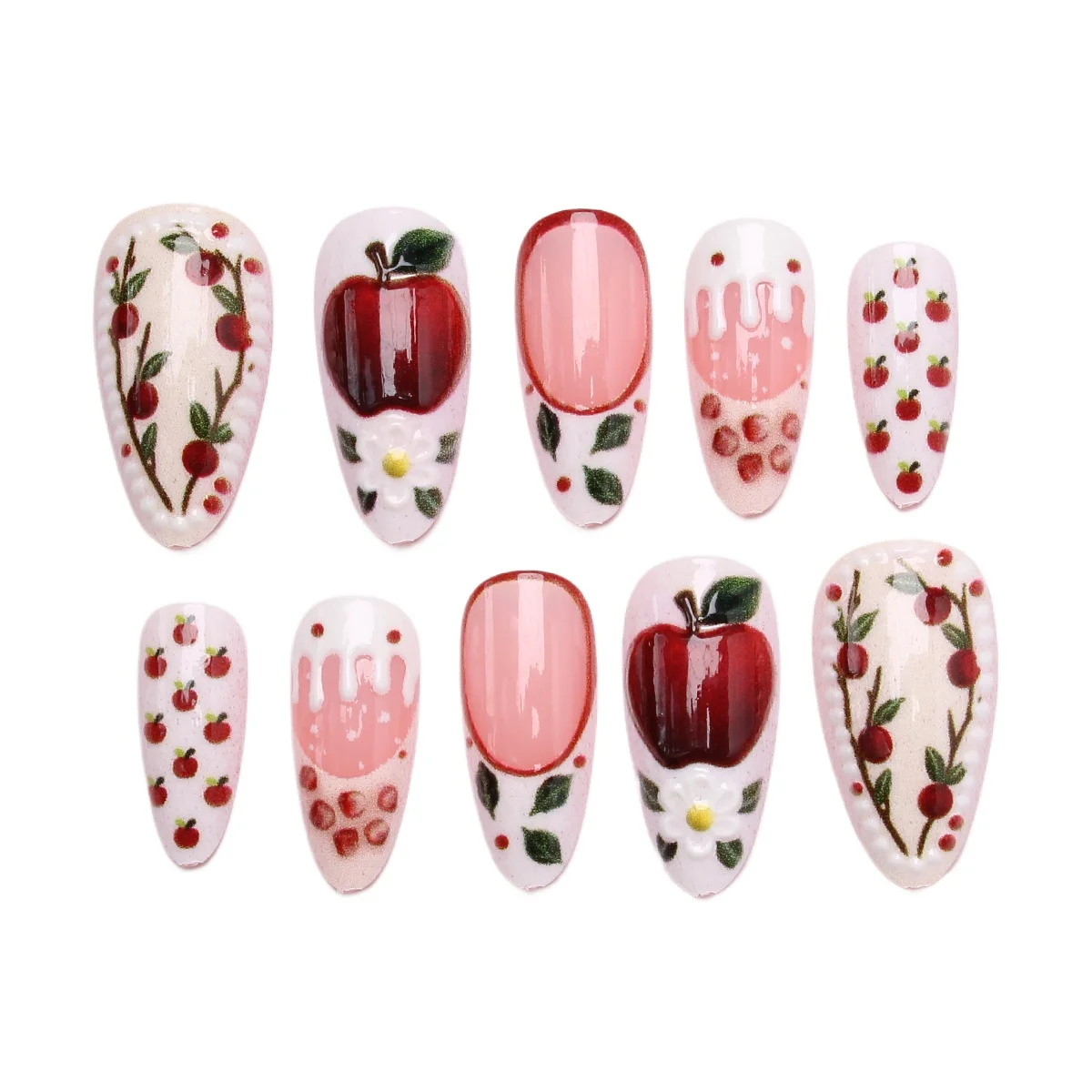 

24PCS Sweet Fruit Drip Fake Nails Red Apple Kawaii Print Almond Shape Press on Nails Y2K Style Harajuku Nail Art for Women Girls