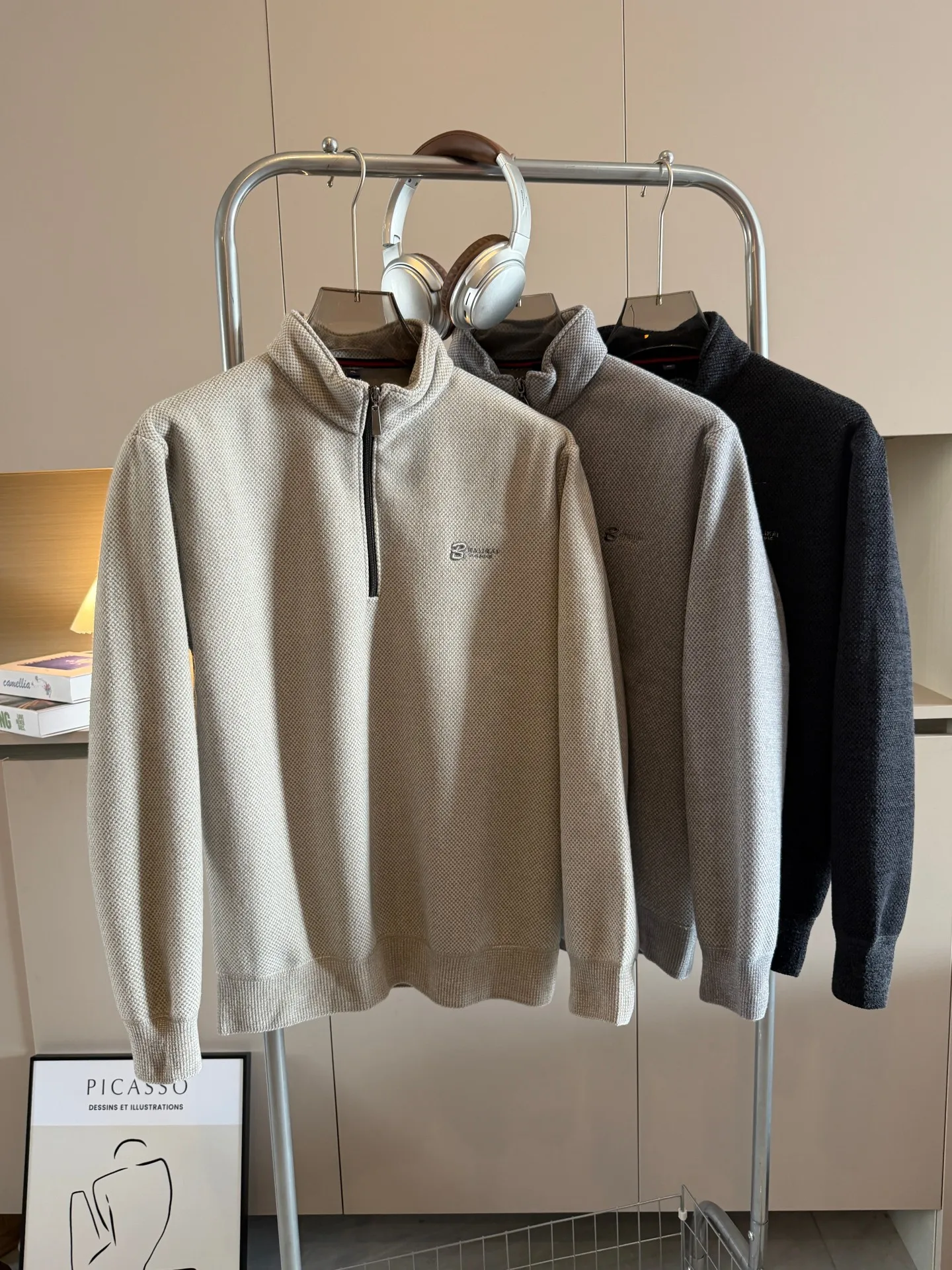 

Thickened Warm Fleece Sweatshirt Stand Collar Embroidered Half Zipper Men's Fashionable Casual Knitted Sweater for Autumn Winter