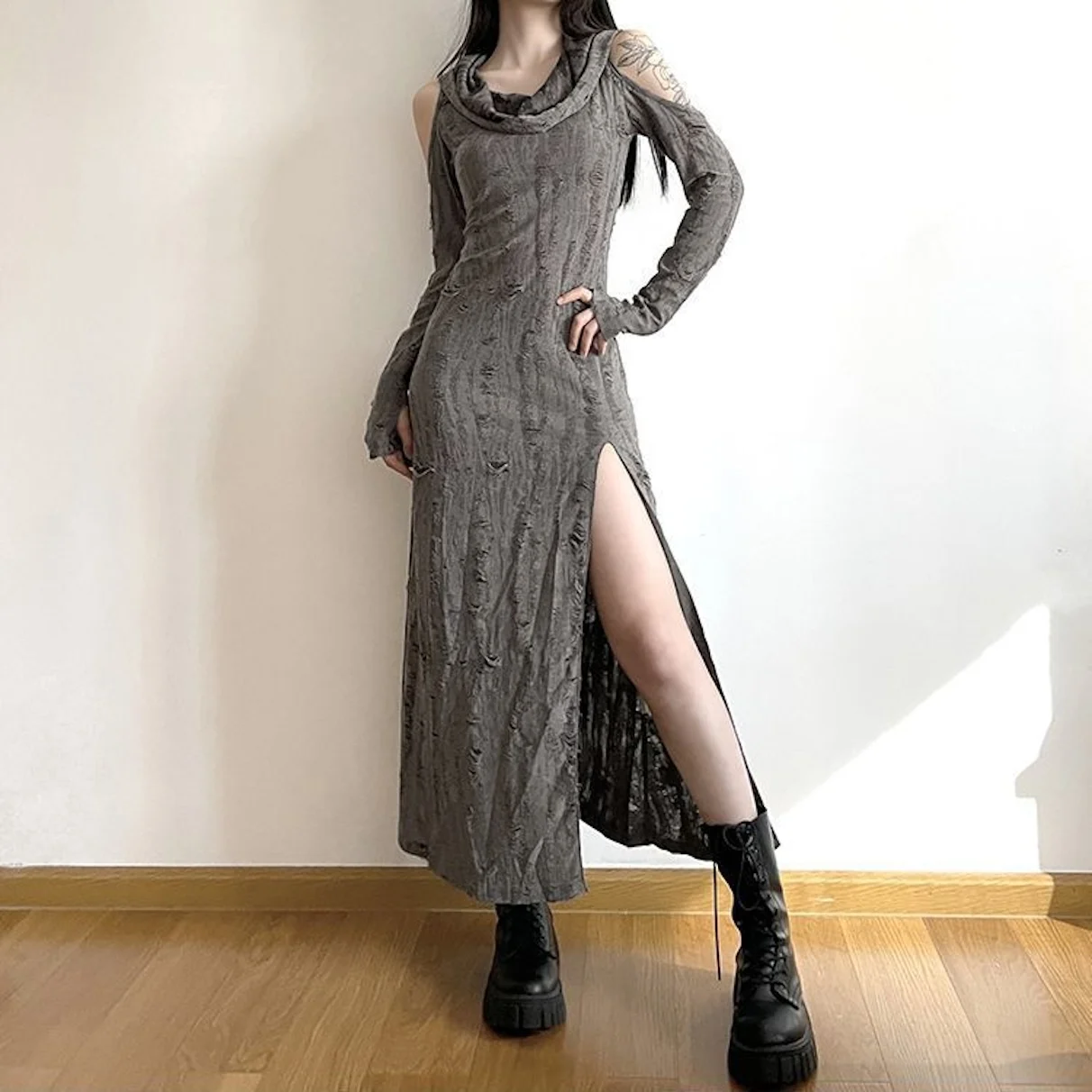 Summer-Fall Dune Wasteland Style Vintage Hollow Out High-Slit Hooded Slim Fit Off-Shoulder Fashion Club Cosplay Maxi Dress