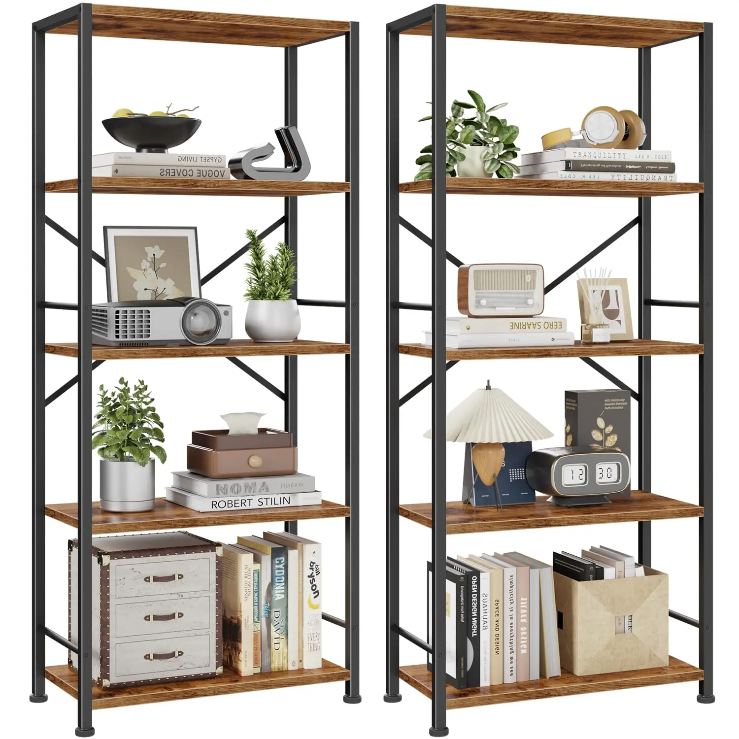 5 Tier Book Shelf Set of 2, Tall Wide Bookshelf, Rustic Brown | 20'' Wide Industrial Storage Shelves with X Crossbar