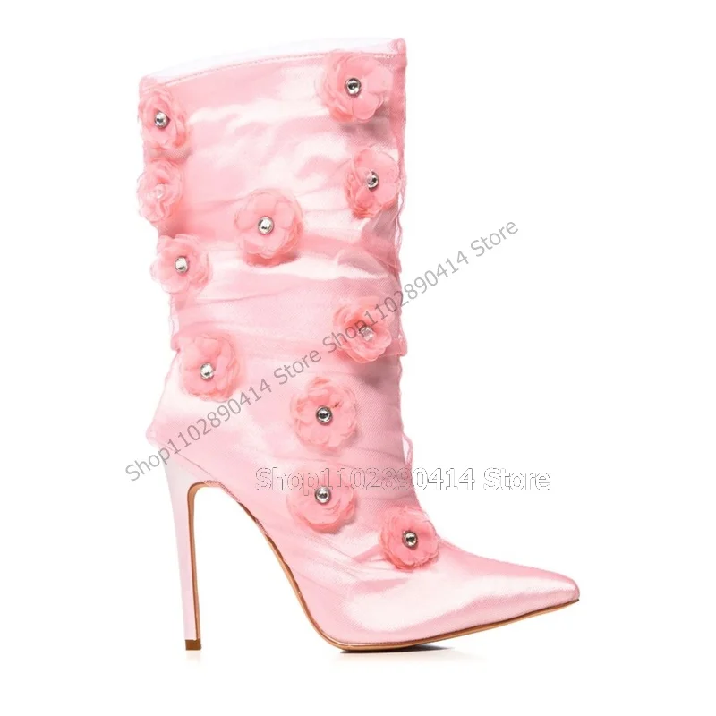 

Pink Flower Appliques Mesh Pointed Toe Boots Mid Calf Women Shoes Thin High Heels Novel Fashion Sweet 2023 Zapatos Para Mujere