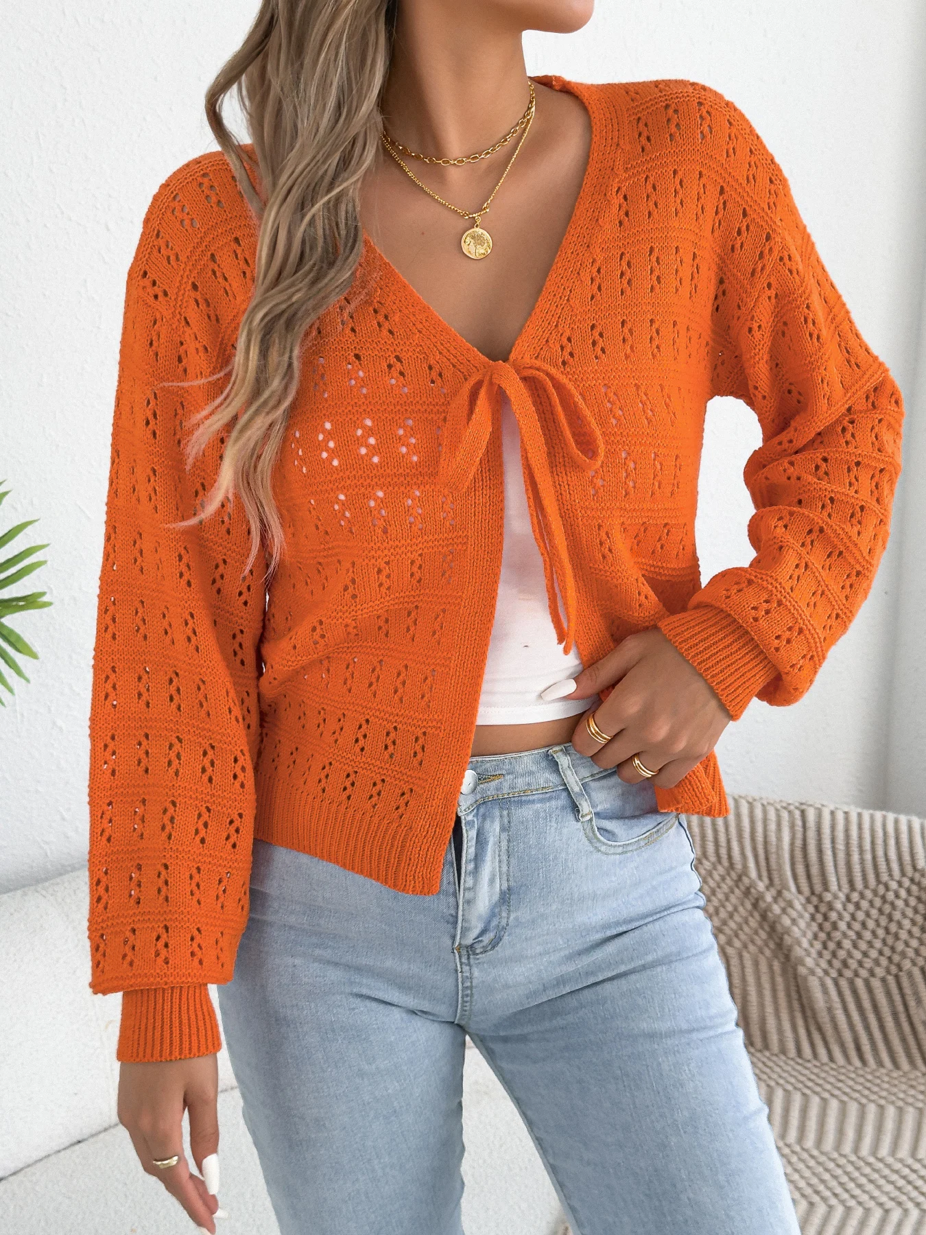 

Women Openwork Tie Front Cardigan Solid Long Sleeve Fall Winter Getaway Sweater Jacket Knit Top