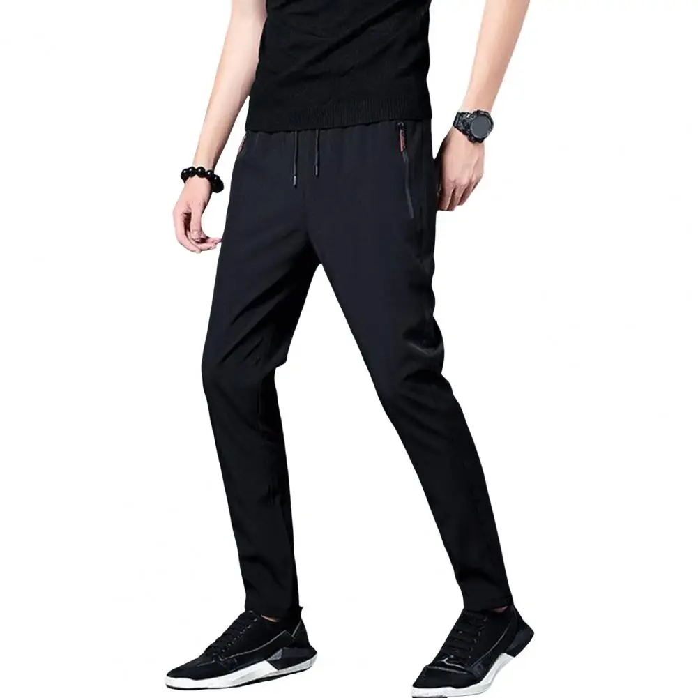 Men Pants Slim Fit Ice Silk Men's Sport Pants with Side Zippered Pockets Elastic Waist Drawstring Quick-drying for Plus for Men