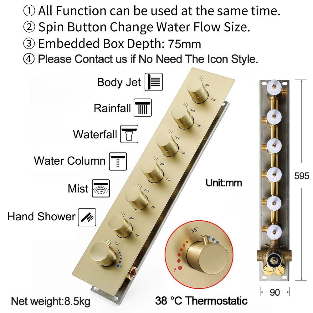 M Boenn 35*12 Inch Brushed Gold Shower Head Rainfall Bathroom Shower System Set Wall Massage Body Jet Thermostaic Diverter Mixer