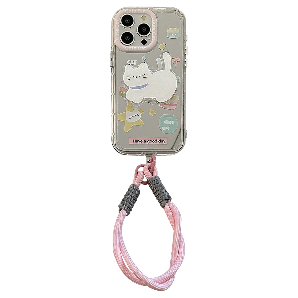 Korean Ins Lovely Back Mirror Cat Stand Wrist String Phone Case for iPhone 15 14 13 11 Pro Max Plus Back Cover for 12 Pro Max