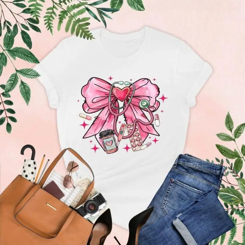 

Unisex Cute Nurse T-shirt Pink Bow Stethoscope Graphic Tee Women Men Nursing Student Gift Top
