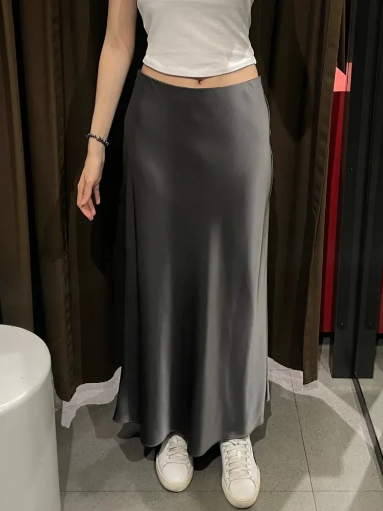 RARA 2025 ซาตินกระโปรงยาวผู้หญิง Draped เอวสูง Midi กระโปรงผู้หญิงฤดูร้อนตรงกระโปรงผู้หญิง Holiday Beach กระโปรงผู้หญิง