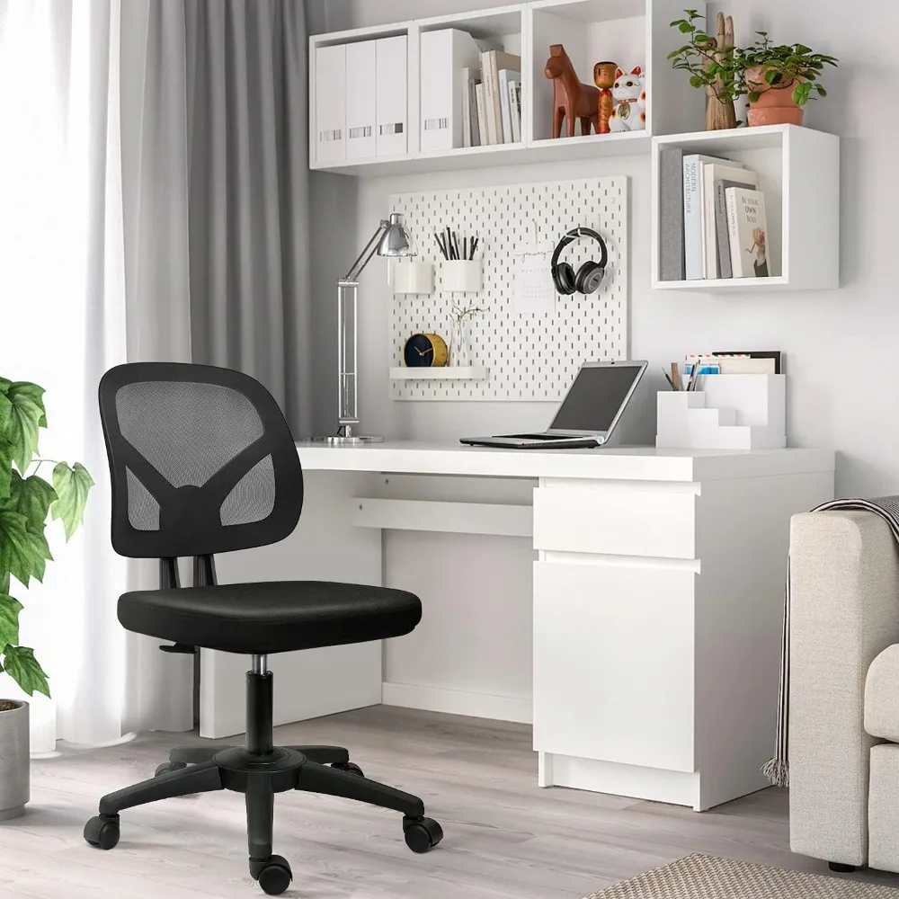 Silla de oficina de malla sin brazos, silla de escritorio pequeña ergonómica sin brazos, giratoria negra, ordenador con ruedas, silla de tarea