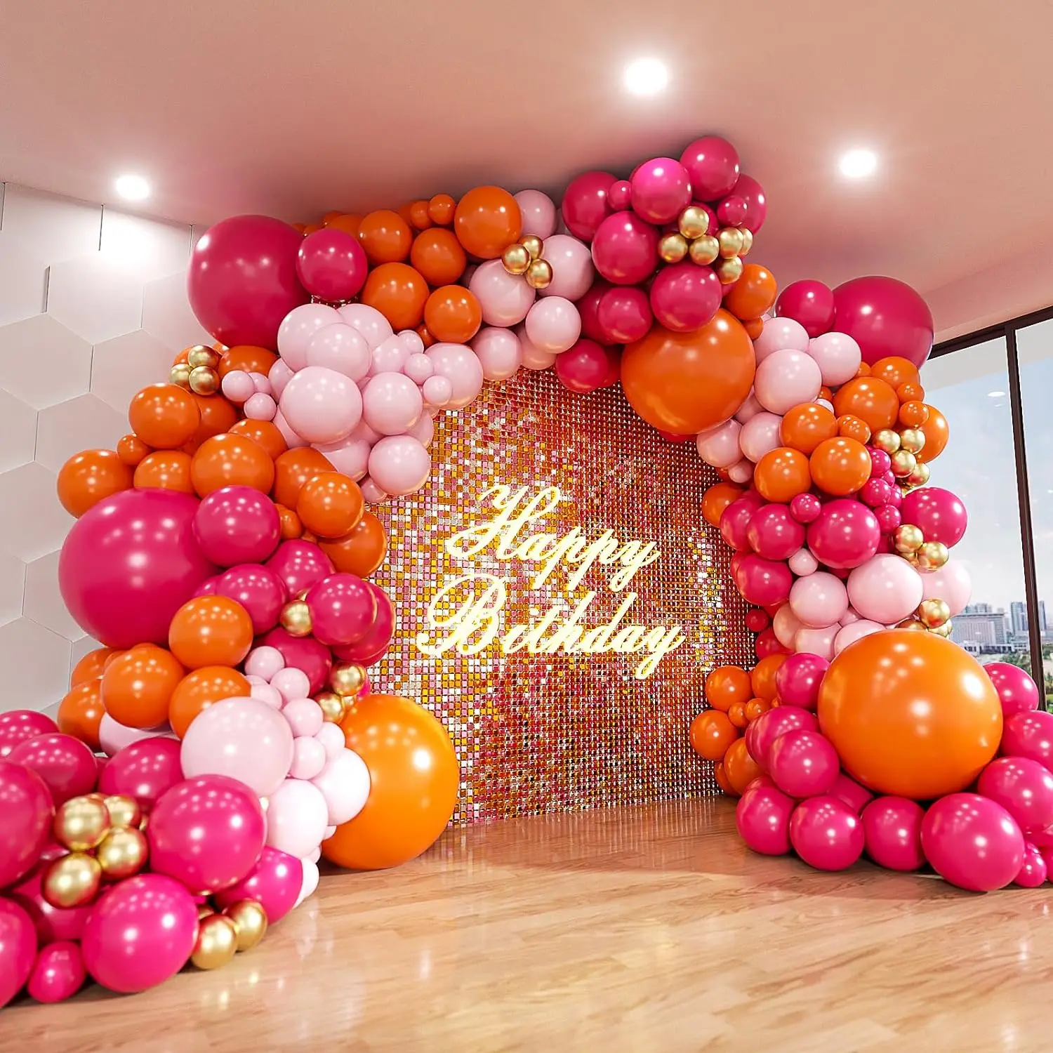 134PCS Pink and Orange Balloon Arch Kit Metallic Gold Latex Balloon Birthday Party Baby Shower Wedding Party Decorations