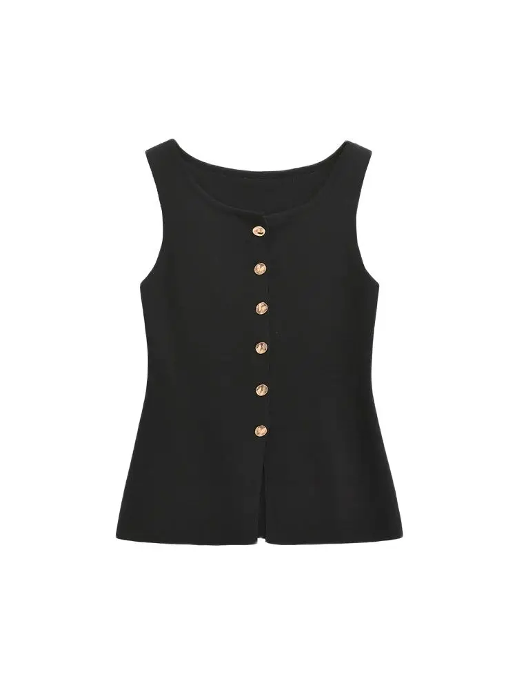 TRZA-Women\'s Knitted Vest with Golden Buttons, Sleeveless Sweater, O Neck, Chic Tops, Female Waistcoat, Fashion