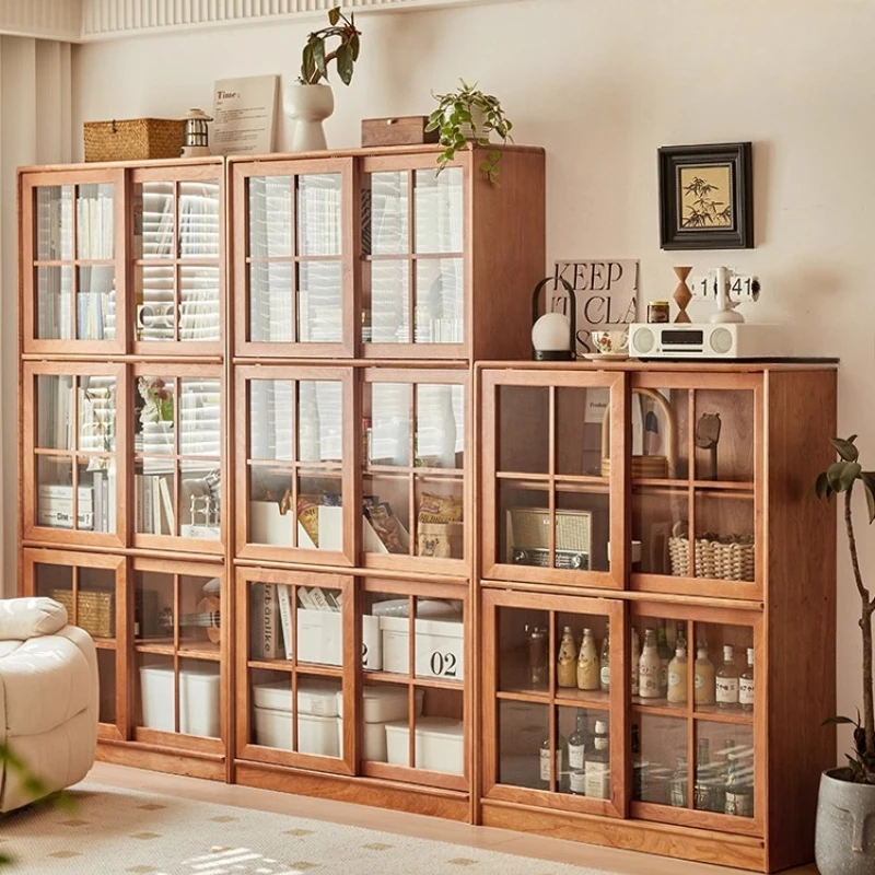 

Cherry wood solid wood bookcase, locker integrated sliding door display cabinet, household storage bookshelf