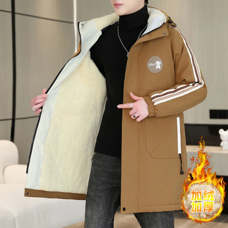 Зимняя повседневная флисовая куртка 2025 года, мужская ветрозащитная толстая плюшевая куртка средней длины, верхняя одежда со съемным меховым воротником, верхние парки, теплые парки с капюшоном