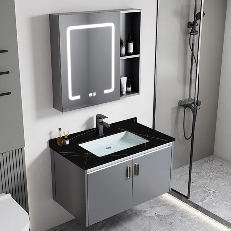LED lacquered aluminum alloy wall-mounted bathroom cabinet set ceramic basin dresser