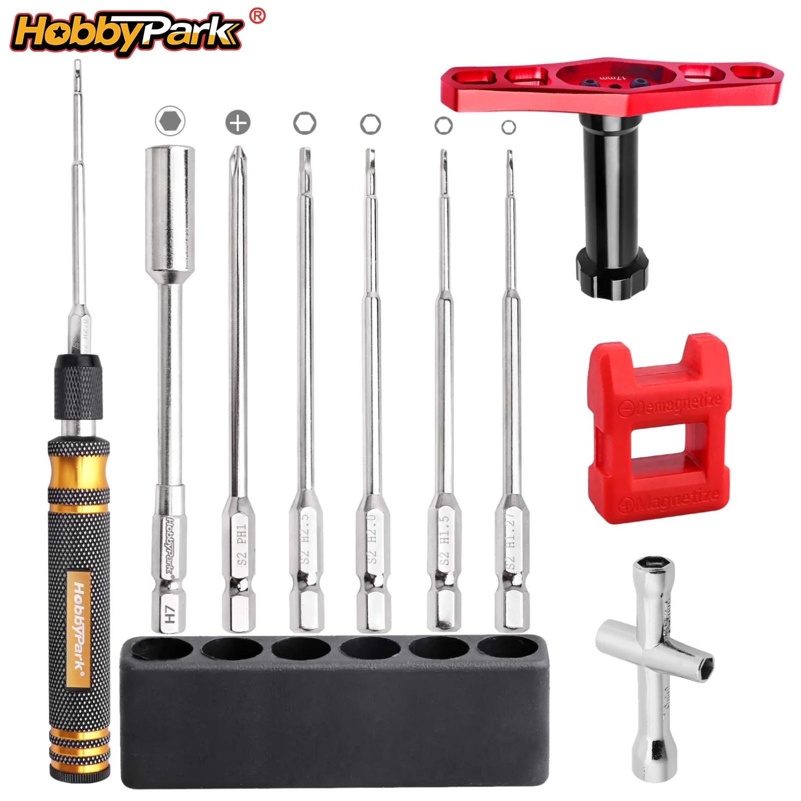 Hobbypark RC Hex Driver Bit Set 1.27/1.5/2.0/2.5mm Nut Driver Phillips 17mm Hex Wheel Wrench W/ Magnetizer Demagnetizer 6 in 1