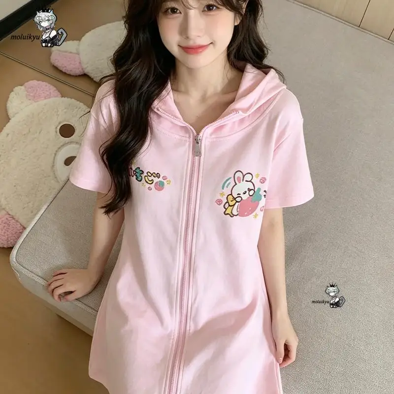 Women Y2K Aesthetic Kawaii Rabbit Ear Japanese Cartoon Embroidery Tshirts Hooded T-Shirt Preppy Slim Fit Zipper Grunge Tee Femme