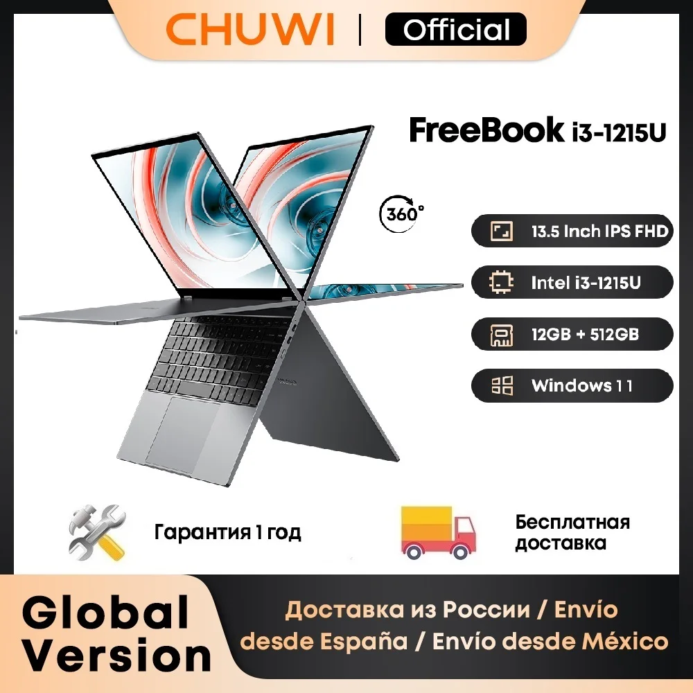 CHUWI FreeBook 2023 Laptop i3-1215U 6 Cores Processor 13.5'' IPS Screen 2 In 1 Laptop Tablet PC 12GB RAM 512GB SSD Support Stylus
