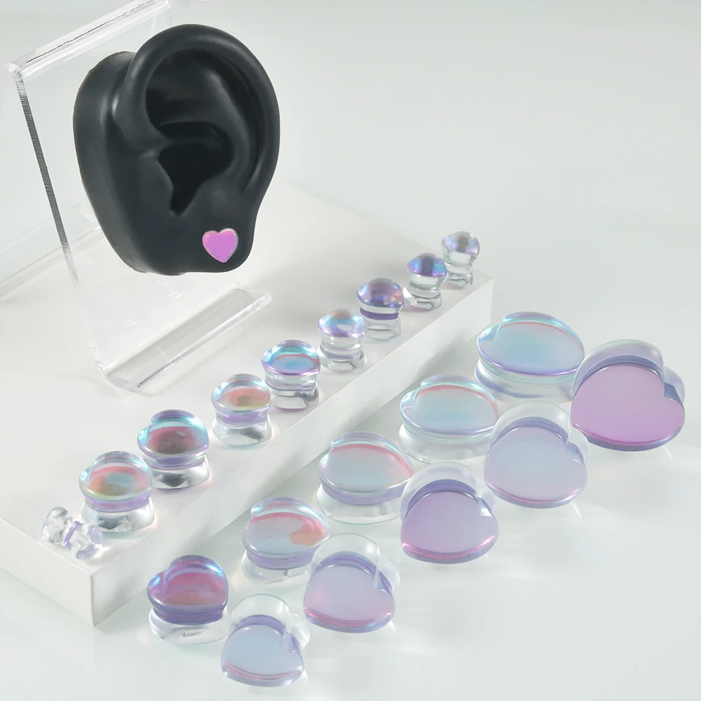 1Pair Top Quality Iridescent Heart Purple For Women Glass Double Flare Flashback Ear Plugs Tunnel Gauge Ear Stretching Expander