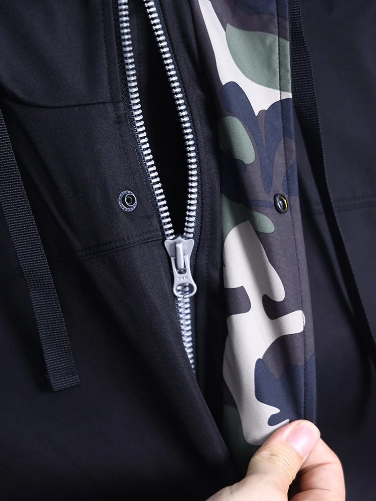 سترة رجالية طويلة بغطاء للرأس بنمط التمويه للربيع والخريف، معطف كاجوال أنيق للأعمال بقصة قياسية وإغلاق بسحاب