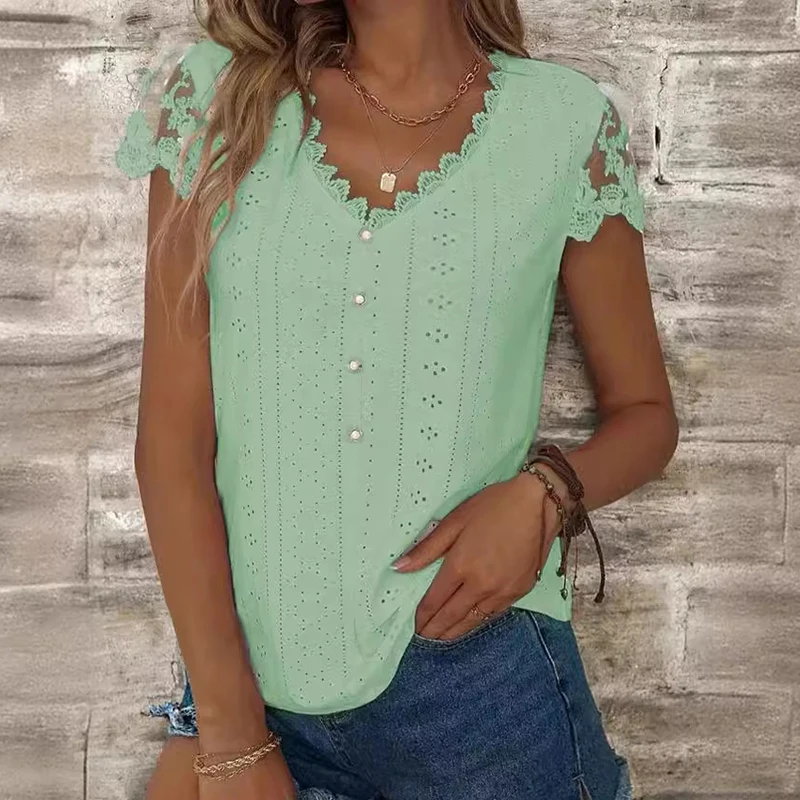Frauen Sommer Mode V-Ausschnitt Spitze Hemd Frauen Kurzarm T-Shirts lose T-Shirts lässig weiß grün Hemd für Frauen 2024