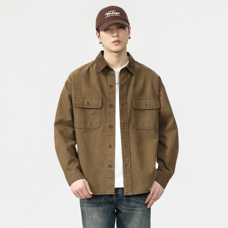 Men Pure Cotton Streetwear Fashion Plus Size Loose Casual Long Sleeve Vintage Techwear Cargo Shirts Man Oversize Blouses Jacket