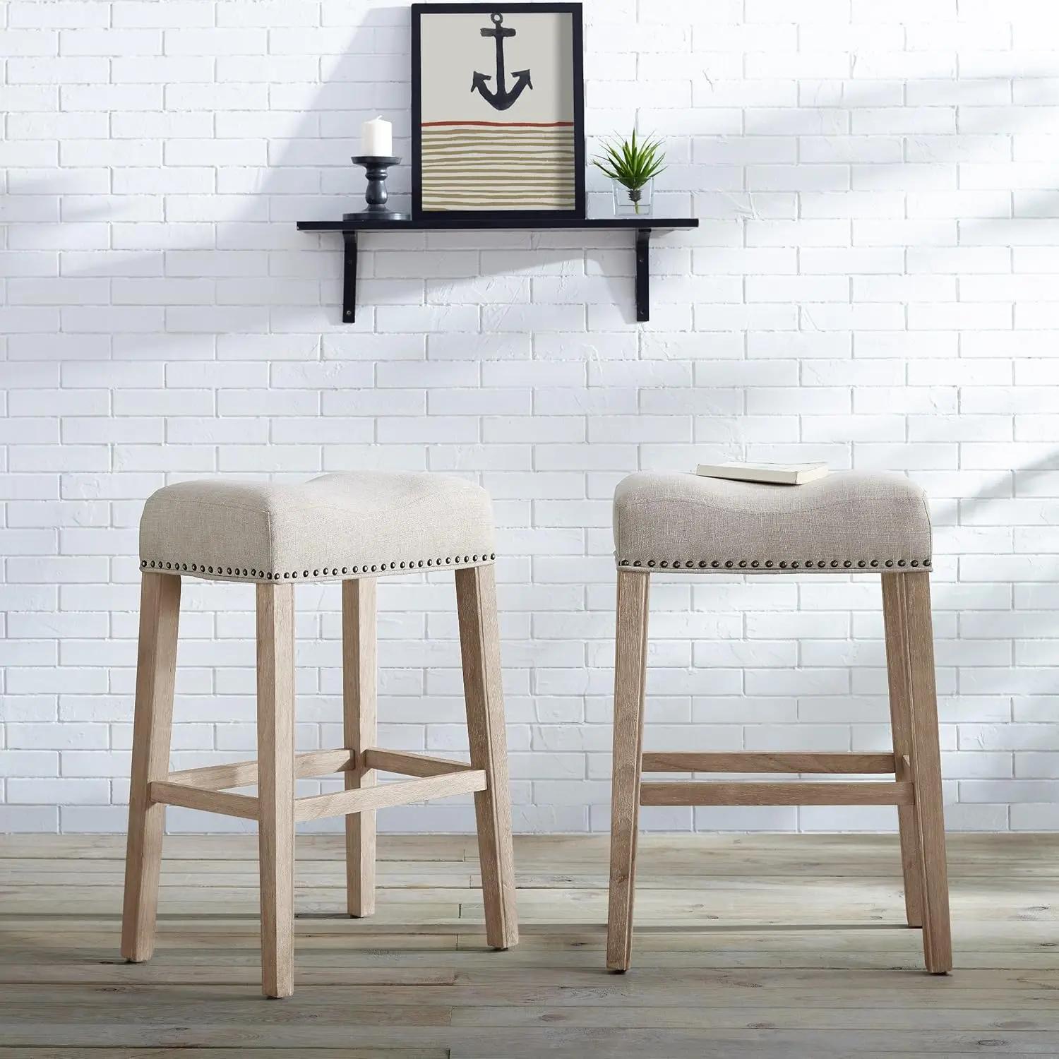 

Coco Upholstered Backl Seat Bar Stools 29"" Height, Set Of 2, Tan