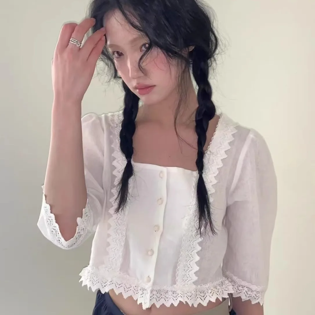 

Sweet Splice Lace Trim mid Sve ort irt Summer New Arrival 2025 Merryy Square Collar Cotton Blend Women's Blouse