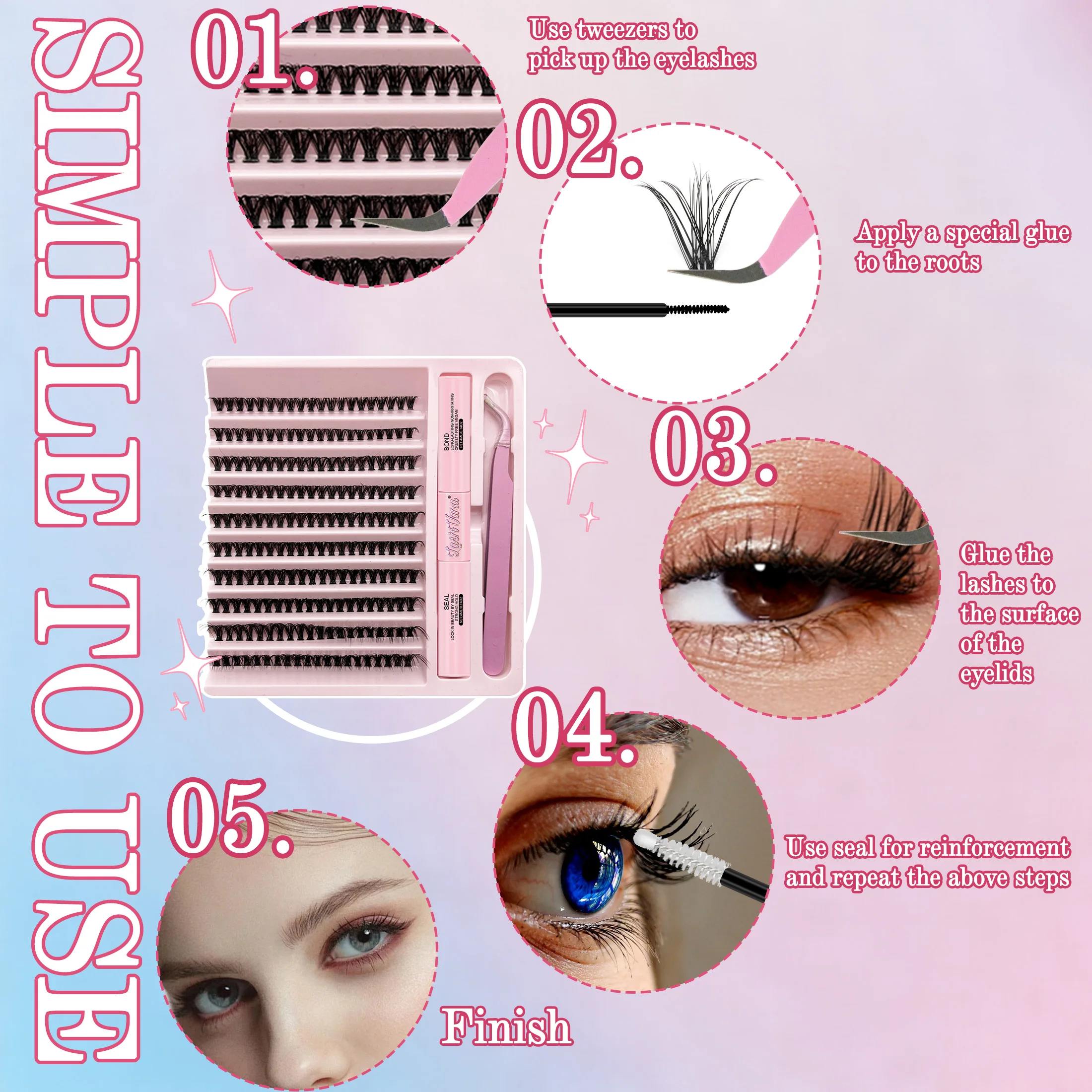 DIY Eyelash Clusters Kit 200PCS 8–16mm Lashes with Bond and Seal and Tweezers False Eyelash Extension Makeup Tools Set Cosplay