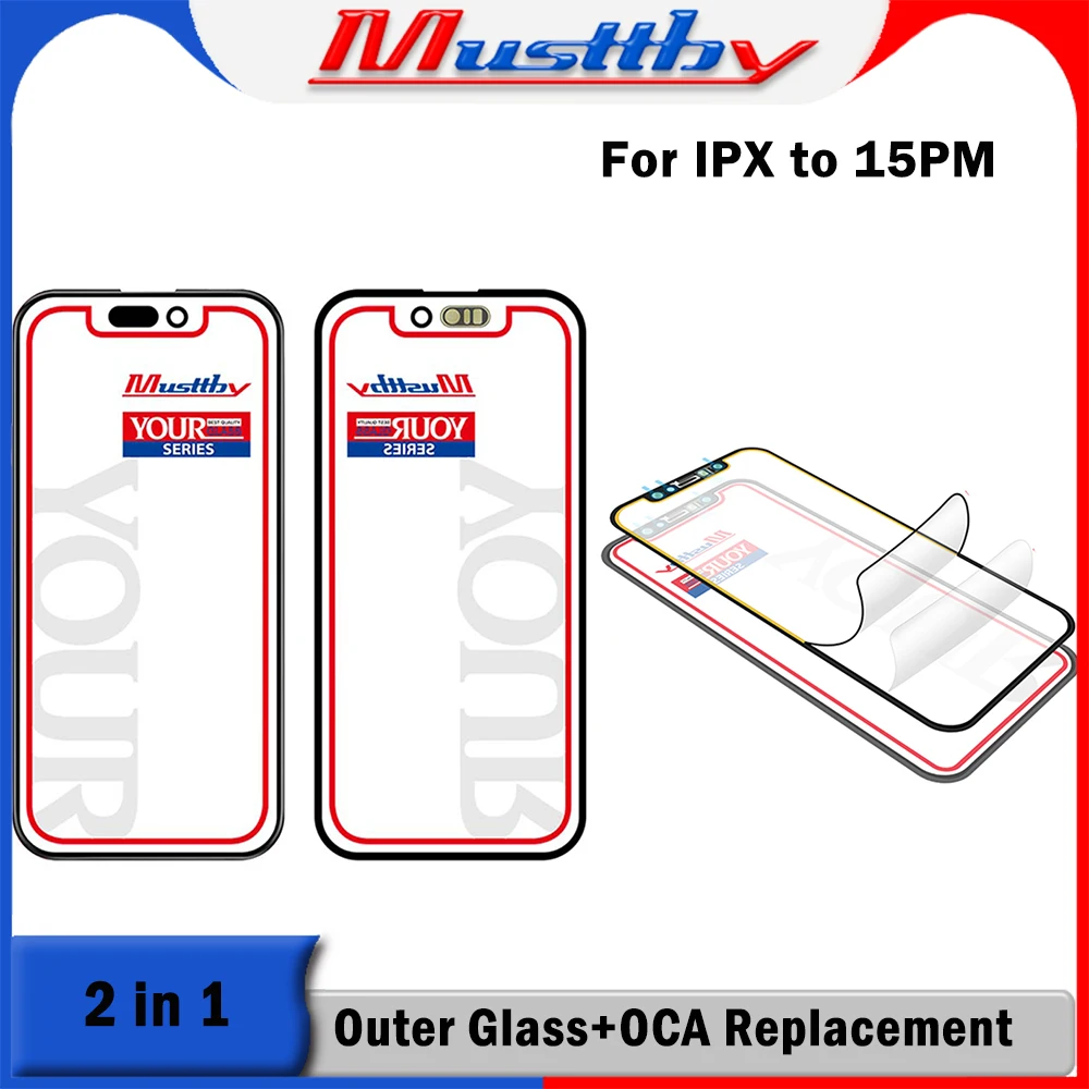 Musttby 10pc Full OEM Quality Front Screen Outer Glass+OCA Film For iPhone 14 15 15Pro 13 Pro Max LCD External Lens Replcement