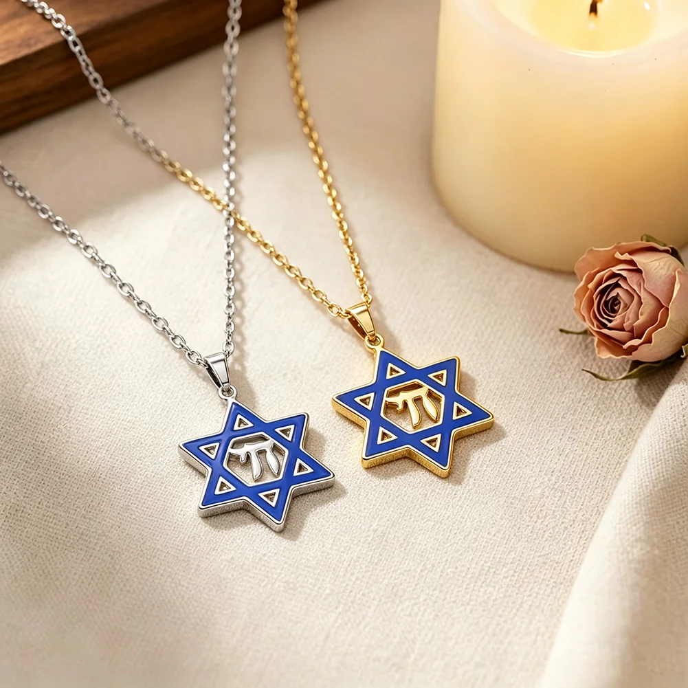 Star of David Chai Pendant Necklace for Men Women Hexagram Blue Enamel Hebrew Chai Symbol Judaica Amulet Religious Jewelry