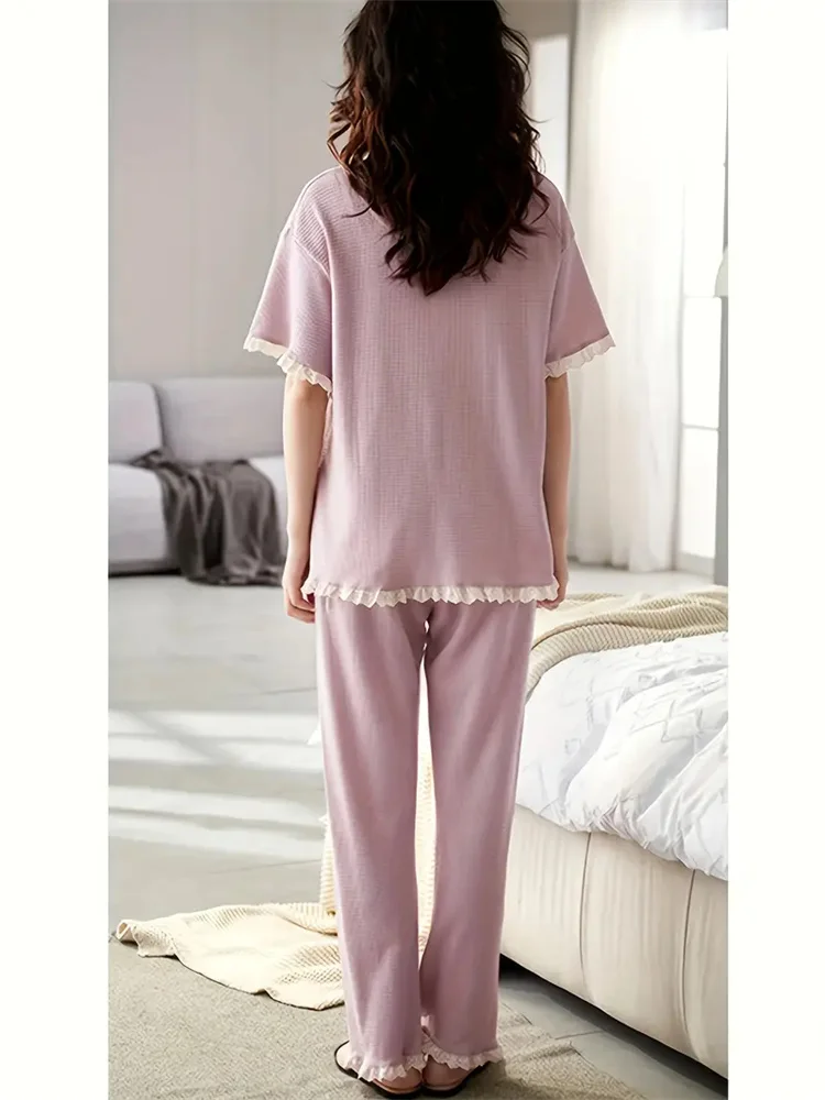 Women's Soft Cotton Pajama Set with Button Detail - Comfy Short Sleeve & Long Pants, Breathable Sleepwear