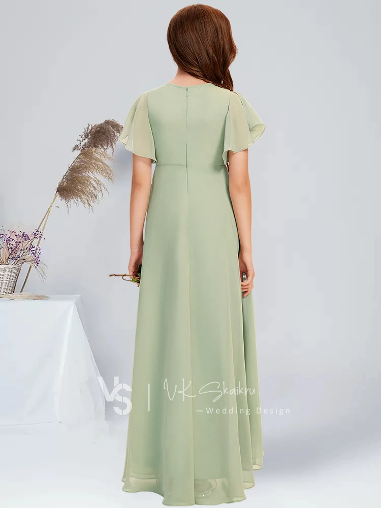 A-line Scoop Asymmetrical Chiffon Junior Bridesmaid Dress Celadon Summer Graduation Party Dress for Guest Flower Girl Dress Kids