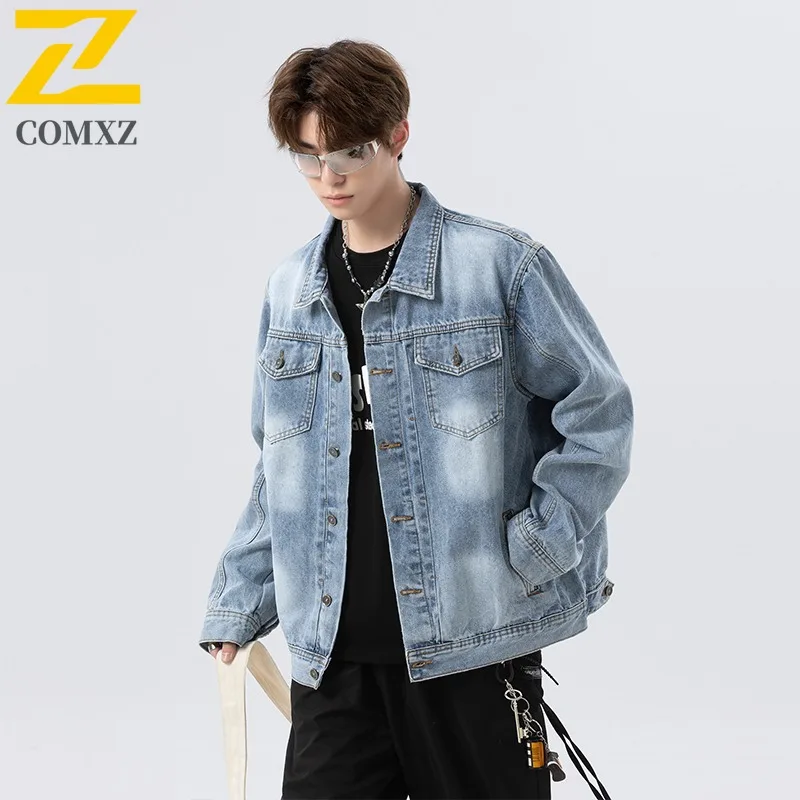 

Mens Outdoor Casual Jacket Korean Style Waterproof Windproof Denim Streetwear Coat Breathable Loose Fit Autumn Vintage Outerwear