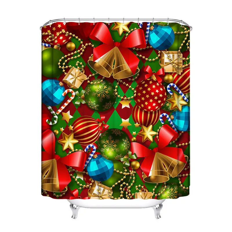 VIKAMA Christmas Shower Curtain, Snowman Xmas Ball Snowflake Holly Gift Print, Waterproof Bathroom Curtain for Holiday Decor