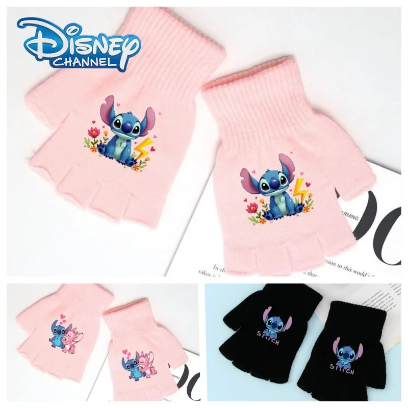 

Disney Stitch Mittens Cotton Glove Cartoon Anime Figure Black Pink Knitted Printing Fingerless Glove Winter Warm Students Write