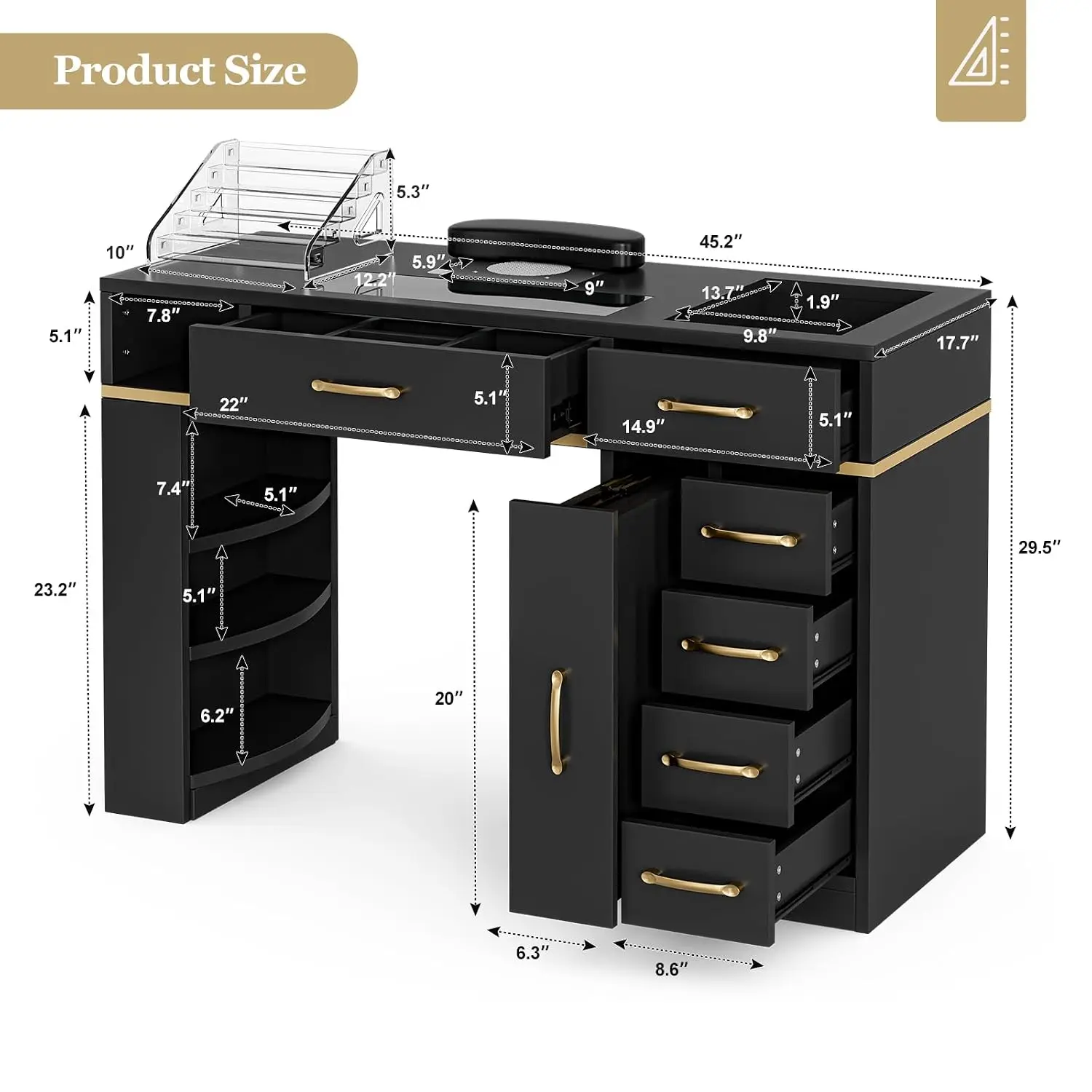 Manicure Table Nail Station for Nail Tech, Glass Top Nail Table w/Electric Dust Collector, 7 Drawers & Shelves, Customized