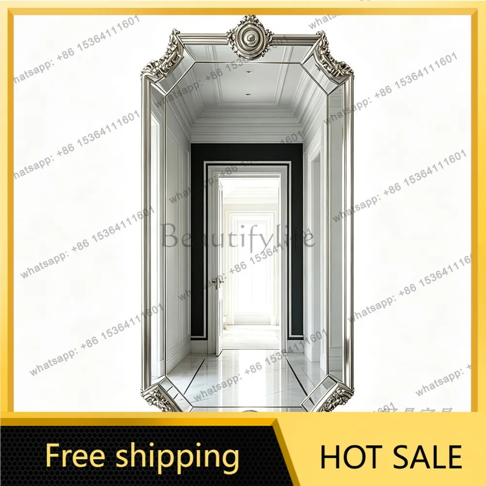 YJ French Retro Carved Full‑Length Mirror Mid‑Century Wall Mount Unit For Entryway Clothing Store Home Dressing Decor