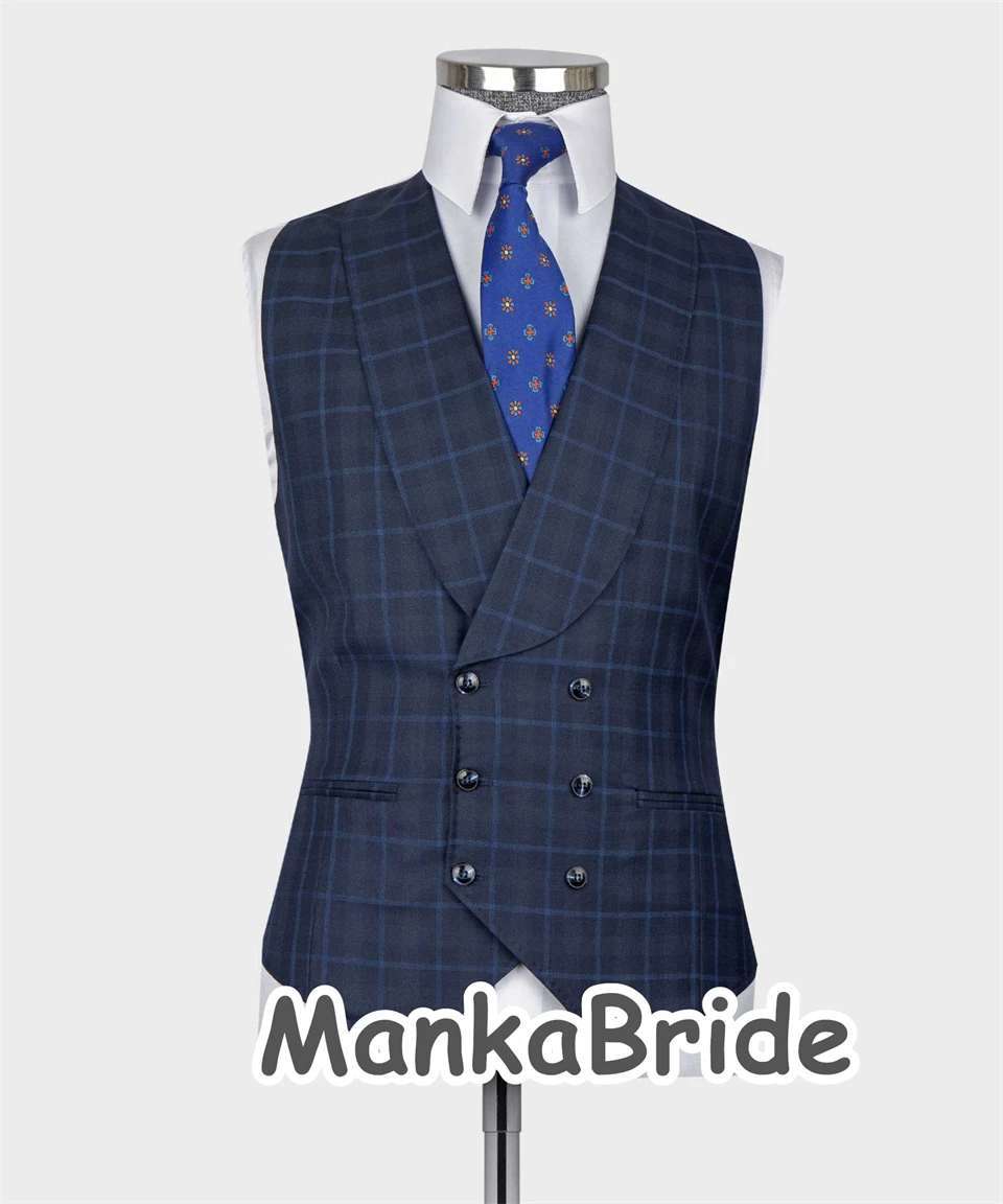 Classic Navy Blue Plaid Wedding Tuxedo Formal Groom Men Suits Slim fit 3PCS Blazer Vest Pants Business Wear Prom Party Male Suit