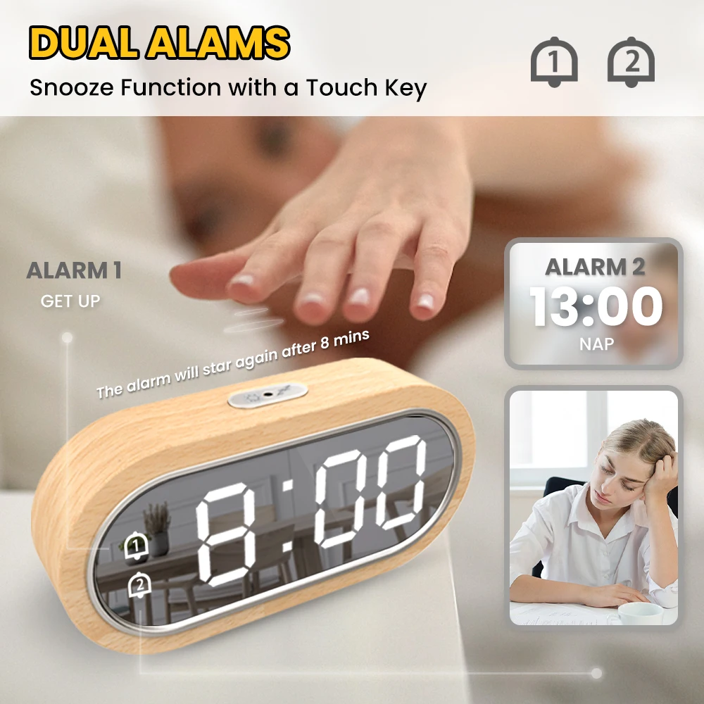 Orologio digitale sveglia Snooze termometro da tavolo caricatore elettronico USB specchio a LED orologio in legno soggiorno orologi da scrivania AAA