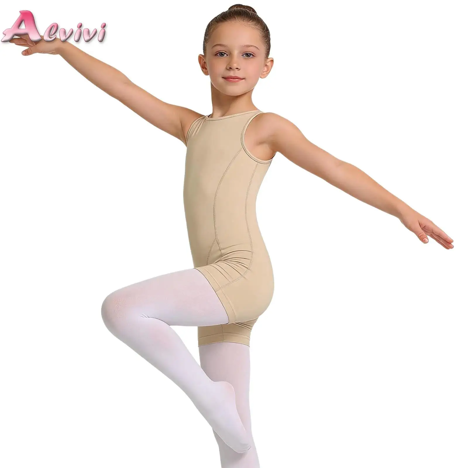 

Kids Girls Gymnastics Dance Practice Bodysuit Round Neck Sleeveless Back Invisible Zipper Ballet Jersey Thigh Length Jumpsuit