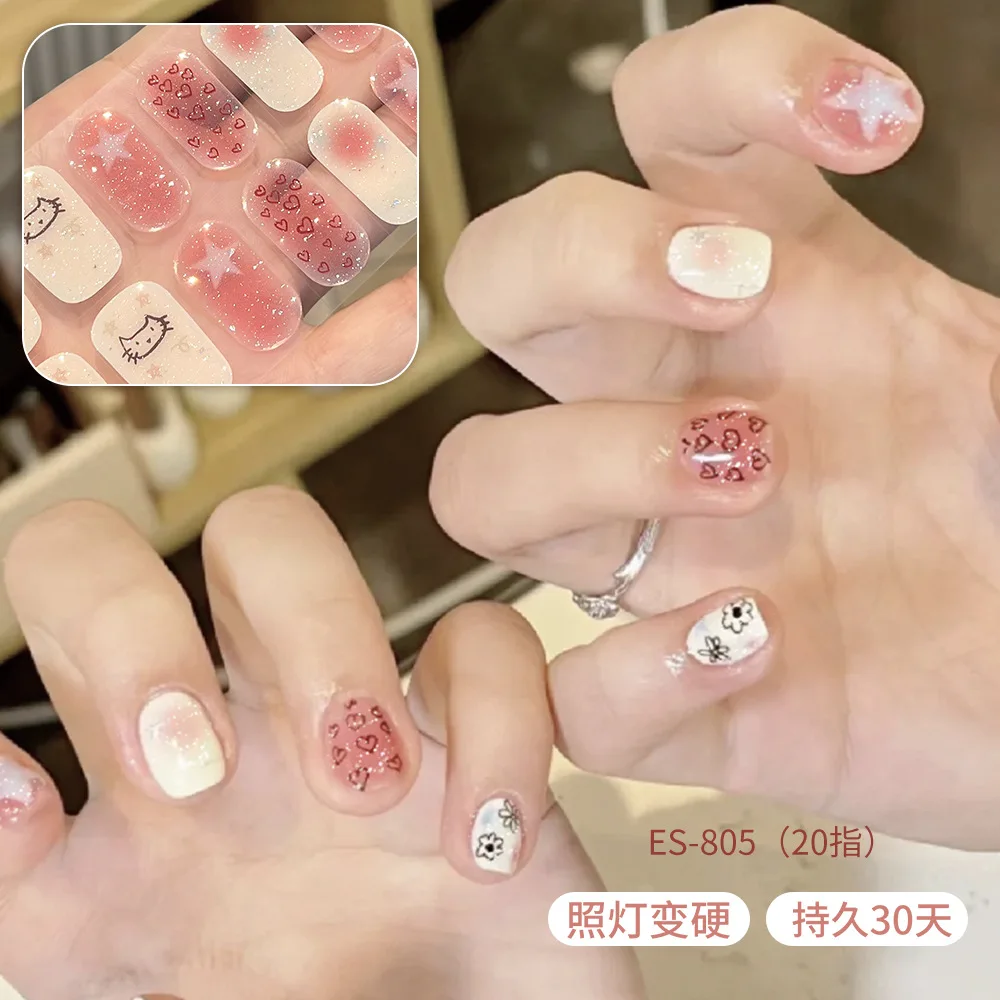 20Tips Pure White/Black/Nude Semi Cured Gel Nail Stickers Long-lasting Cream Nail Strips Patch Slider UV Lamp Nail Wraps